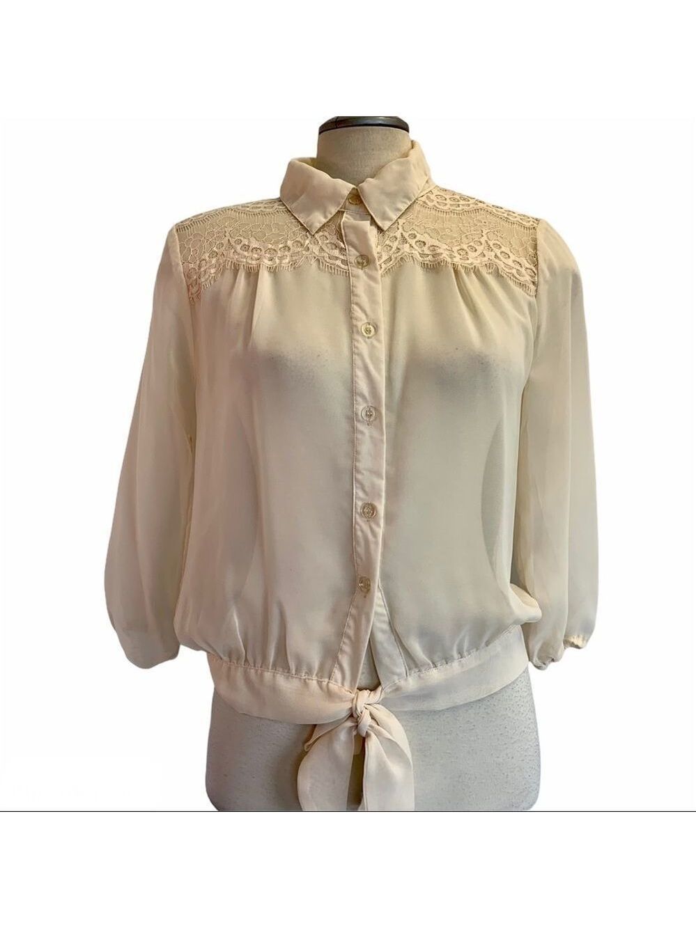 Cream chiffon lace button down Front tie blouse L